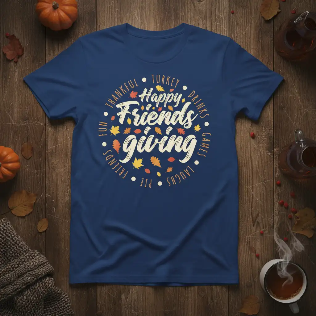 Happy Friends Giving t-shirt design with thankful, turkey, drinks, games, laughs, pie, friends, fun text and autumn leaves