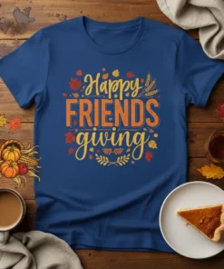 Happy FRIENDS giving text with fall leaves and wheat graphic on a blue t-shirt