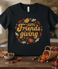 Happy Friends giving text with pumpkins and leaves on a black t-shirt, autumn themed design