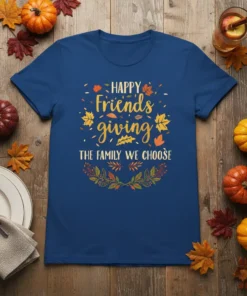 Happy Friendsgiving The Family We Choose text with autumn leaves and floral wreath graphic on a blue t-shirt