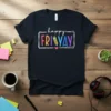 Happy FRiYAY text design with colorful letters and a pencil graphic on a navy t-shirt