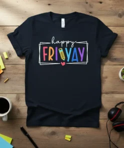 Happy FRiYAY text design with colorful letters and a pencil graphic on a navy t-shirt