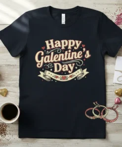 Happy Galentine's Day text design with vintage banner and hearts on a dark t-shirt
