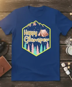 Happy Glamper text with a tent and mountains graphic on a navy blue t-shirt, perfect for camping lovers