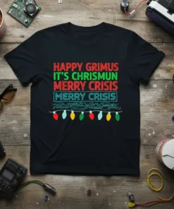 Happy Grimus It's Chrismun Merry Crisis Merry Crisis text design with colorful Christmas lights graphic on black t-shirt