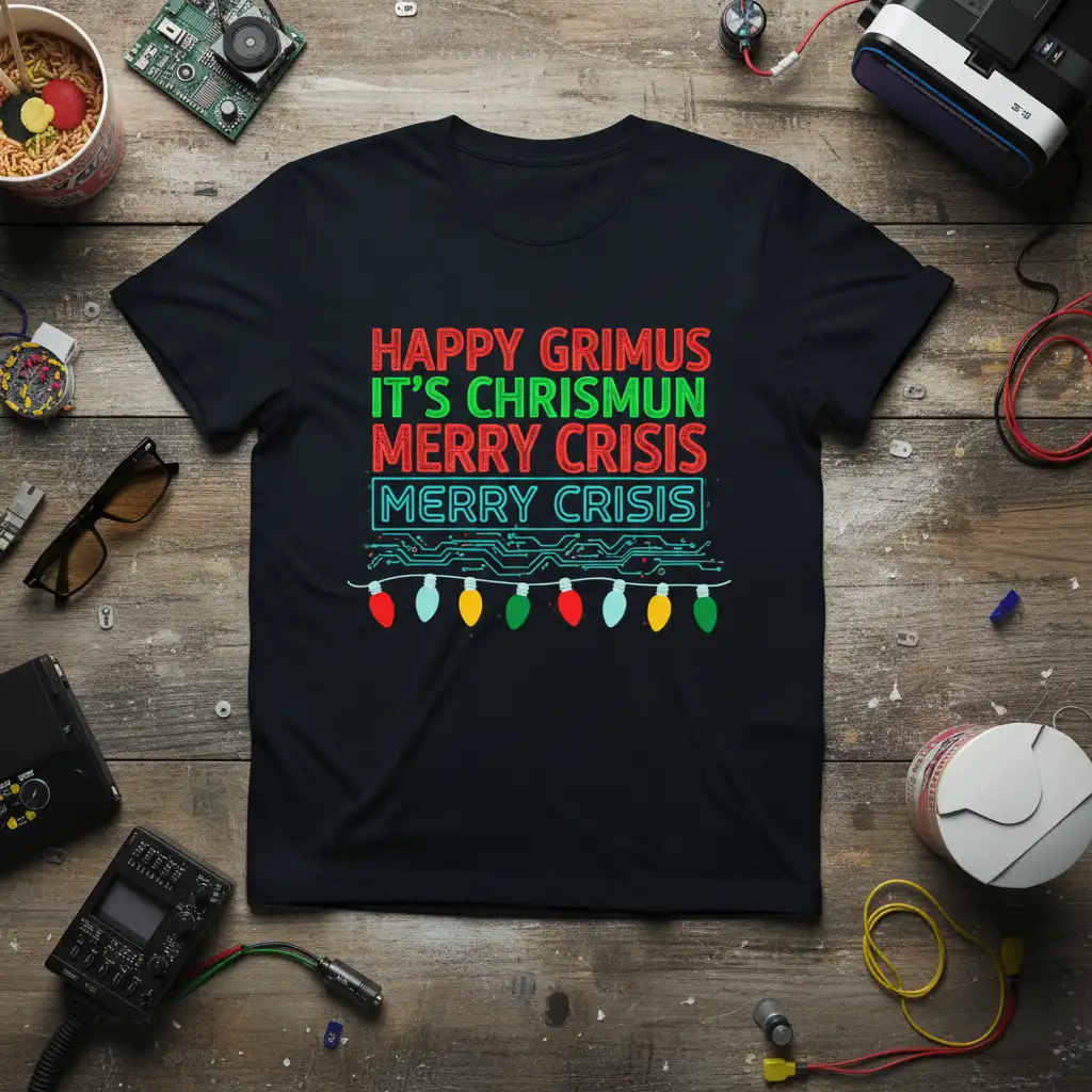 Happy Grimus It's Chrismun Merry Crisis text design with circuit board and lights graphic on black tee