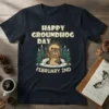 Happy Groundhog Day February 2nd t-shirt design with a waving groundhog and trees