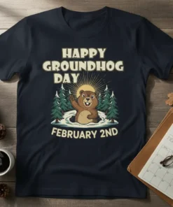Happy Groundhog Day February 2nd t-shirt design with a waving groundhog and trees
