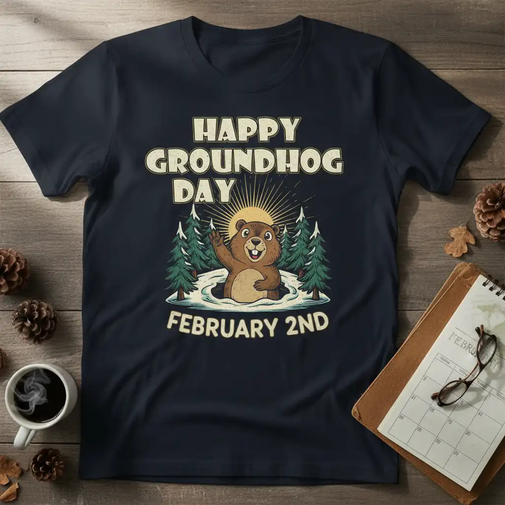 Happy Groundhog Day February 2nd t-shirt featuring a cute waving groundhog in a winter forest scene