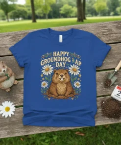 Happy Groundhog Day text with a cute groundhog and daisies graphic on a blue t-shirt