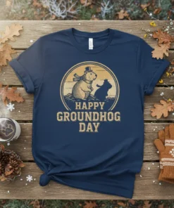 Happy Groundhog Day text with a graphic of a groundhog wearing a top hat and scarf, and its shadow