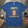 Happy Groundhog Day t-shirt with a cute cartoon groundhog holding a pink heart and surrounded by hearts and snowflakes