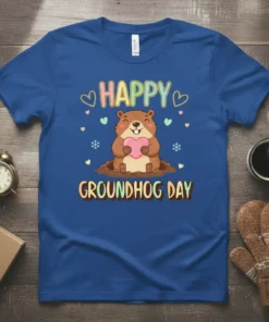 Happy Groundhog Day t-shirt with a cute cartoon groundhog holding a pink heart and surrounded by hearts and snowflakes