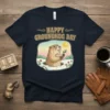Happy Groundhog Day t-shirt design with a cute groundhog holding a twig, set against a colorful sky and snowy landscape