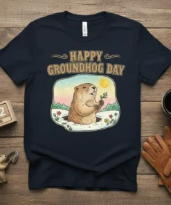 Happy Groundhog Day t-shirt design with a cute groundhog holding a twig, set against a colorful sky and snowy landscape
