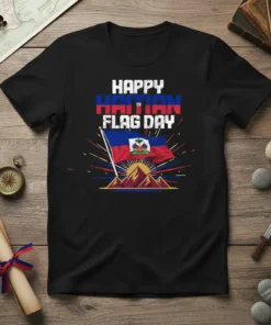 Happy Haitian Flag Day t-shirt with Haitian flag, mountains, and sun graphic. Patriotic apparel for Haiti celebration