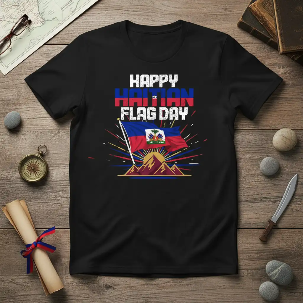 Happy Haitian Flag Day text with Haitian flag and sunrise graphic on a black t-shirt