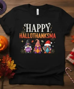 Happy Hallothanksma text with three gnomes holding Boo sign, candy cane, and dressed for holidays on black t-shirt