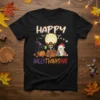 Happy Hallothanksmas text design with a black cat, cowboy skeleton, and white dog, surrounded by pumpkins and moon, on a