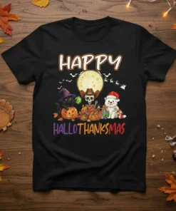 Happy Hallothanksmas text design with a black cat, cowboy skeleton, and white dog, surrounded by pumpkins and moon, on a