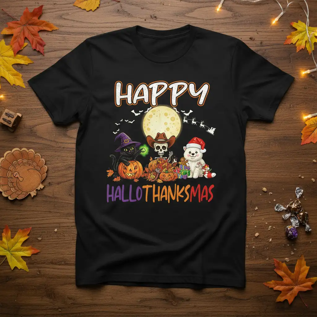 Happy Hallothanksmas text and graphic design featuring a cat, skeleton, and dog celebrating multiple holidays