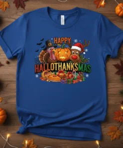 Happy Hallothanksmas text with turkey, pumpkin, and reindeer graphics on a blue t-shirt, featuring Halloween, Thanksgiving, and Christmas elements