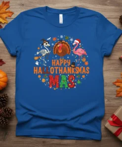 Happy Hallothanksmas Mas t-shirt with skeleton, turkey, and flamingo characters in a festive circle design