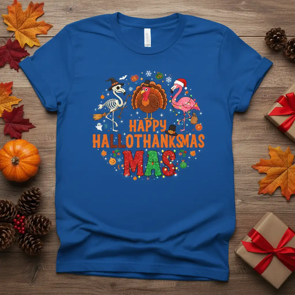 Happy Hallothanksmas Mas design with skeleton, turkey, flamingo, and festive lights on a blue shirt