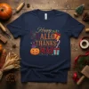 Happy HALLOW THANKS MAS t-shirt design featuring pumpkins, witches broom, candy canes, and gift boxes in a festive collage