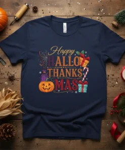 Happy HALLOW THANKS MAS t-shirt design featuring pumpkins, witches broom, candy canes, and gift boxes in a festive collage
