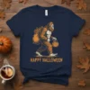 Happy Halloween Bigfoot t-shirt design with Bigfoot carrying a pumpkin and treat bag
