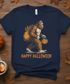 Happy Halloween Bigfoot t-shirt design with Bigfoot carrying a pumpkin and treat bag