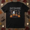Happy Halloween t-shirt design with dachshunds, ghost, and pumpkins in a wagon, wearing witch hats