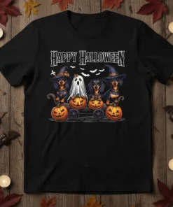 Happy Halloween t-shirt design with dachshunds, ghost, and pumpkins in a wagon, wearing witch hats