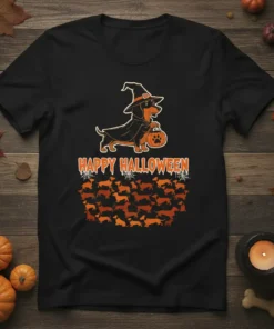 Happy Halloween Dachshund T-shirt with a witch dachshund, pumpkin, and multiple dachshund graphics