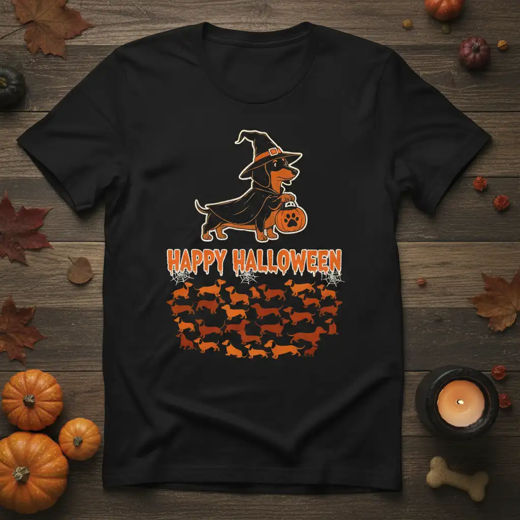 Happy Halloween Dachshund design featuring a witch dachshund with a pumpkin and many dachshund graphics