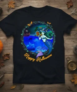 Happy Halloween Mermaid T-Shirt with witch hat, pirate ship, and ocean graphic