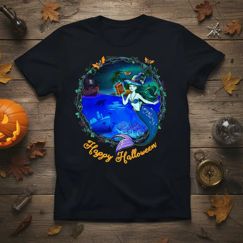 Happy Halloween Mermaid T-Shirt design with witch hat, pirate ship, and spooky ocean scene