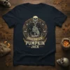 Happy Halloween Pumpkin Jack t-shirt design featuring a skeleton hand holding a staff surrounded by pumpkins and bats