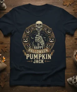 Happy Halloween Pumpkin Jack t-shirt design featuring a skeleton hand holding a staff surrounded by pumpkins and bats