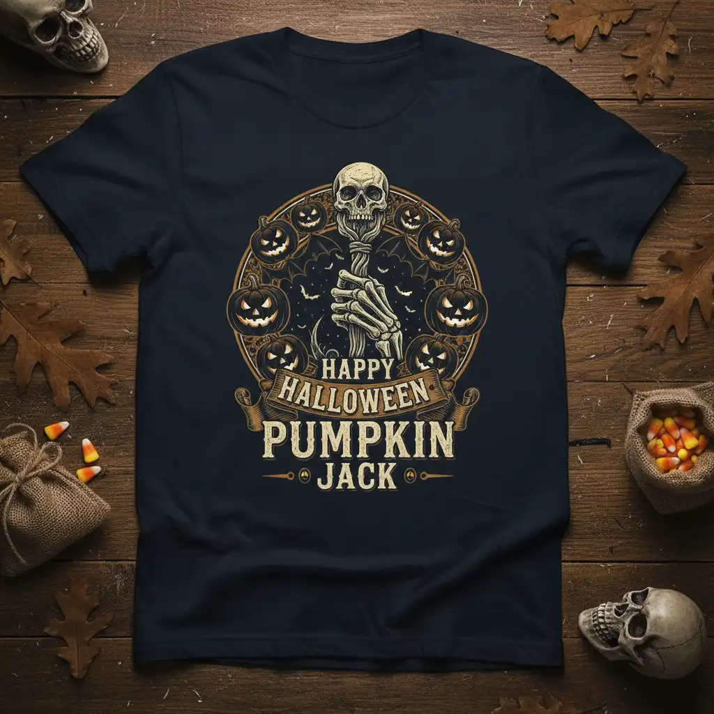 Happy Halloween Pumpkin Jack text and skeleton hand graphic on a dark t-shirt design