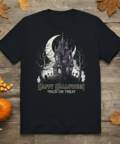 Happy Halloween Trick or Treat t-shirt with a haunted house graphic under a crescent moon and spooky trees