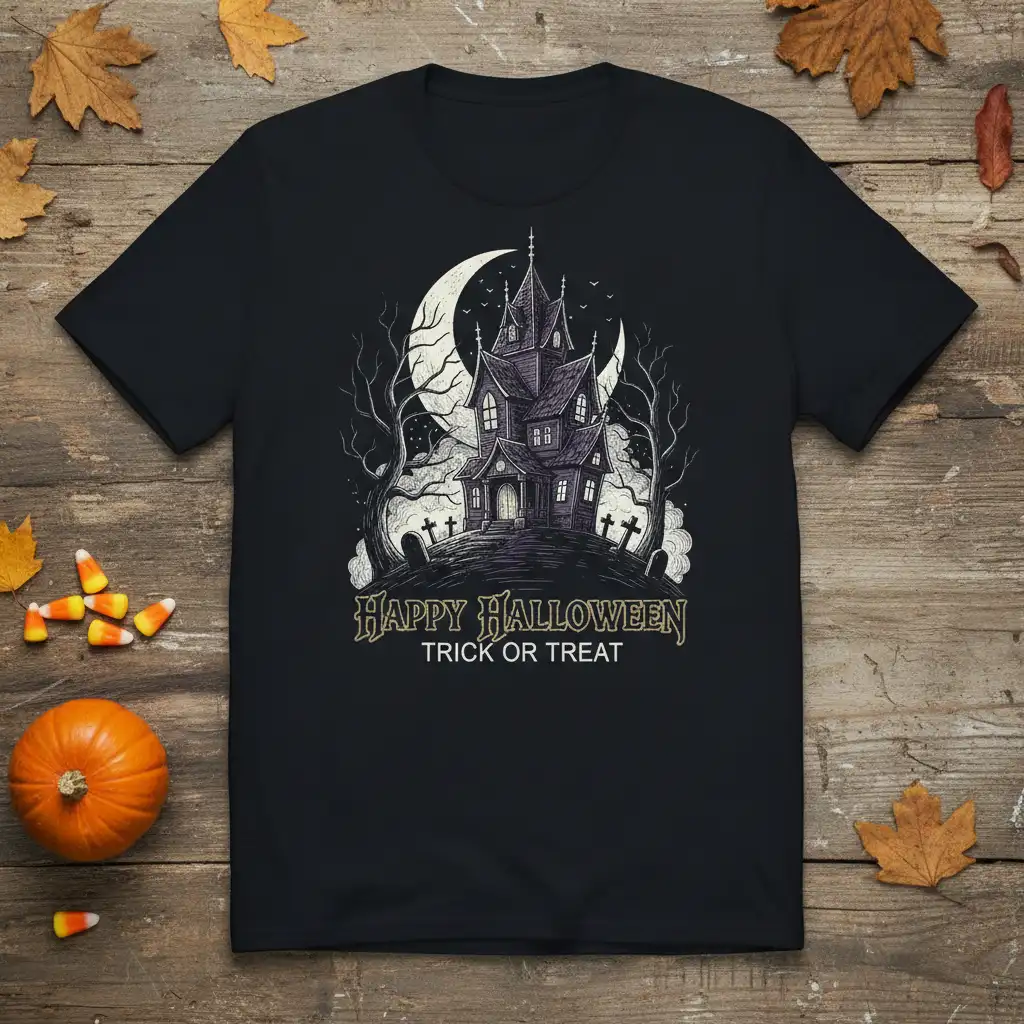 Happy Halloween Trick or Treat quote on a t-shirt with a detailed haunted house, moon, and spooky trees