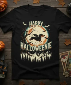 Black t-shirt with "Happy Halloweenie" text and a dachshund with bat wings flying in front of a moon