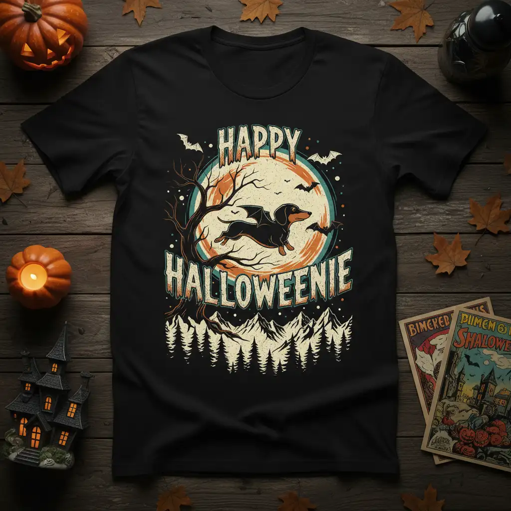 Happy Halloweenie graphic t-shirt featuring a flying dachshund with bat wings and spooky moon