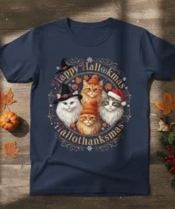 Happy Hallowkmas Hallothanksmas text encircling four cute cats wearing witch hats and Santa hats on a t-shirt