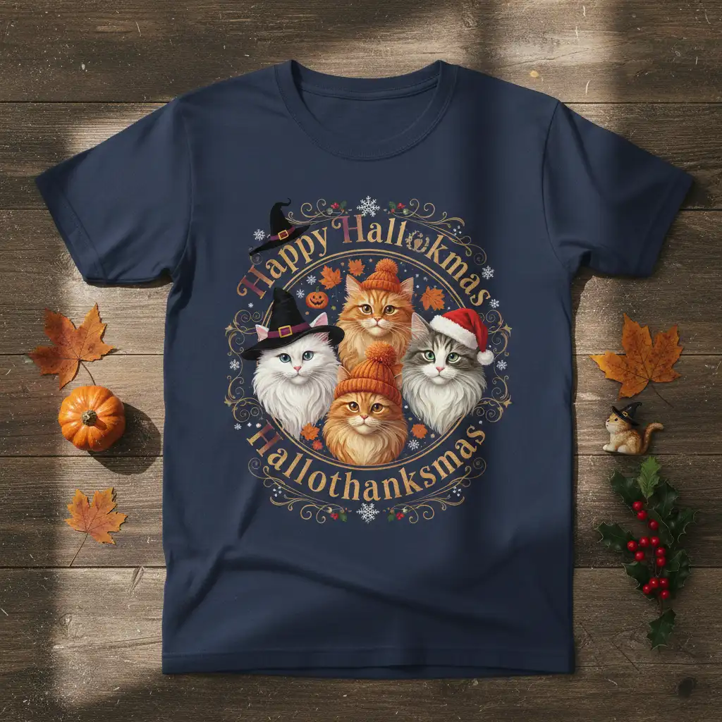 Happy Hallowkmas Hallothanksmas text with cute cats in festive hats on a navy t-shirt