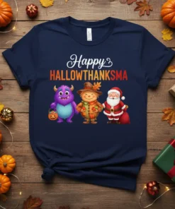 Happy Hallowthanksma text with a purple monster, scarecrow, and Santa Claus graphic on a navy blue t-shirt