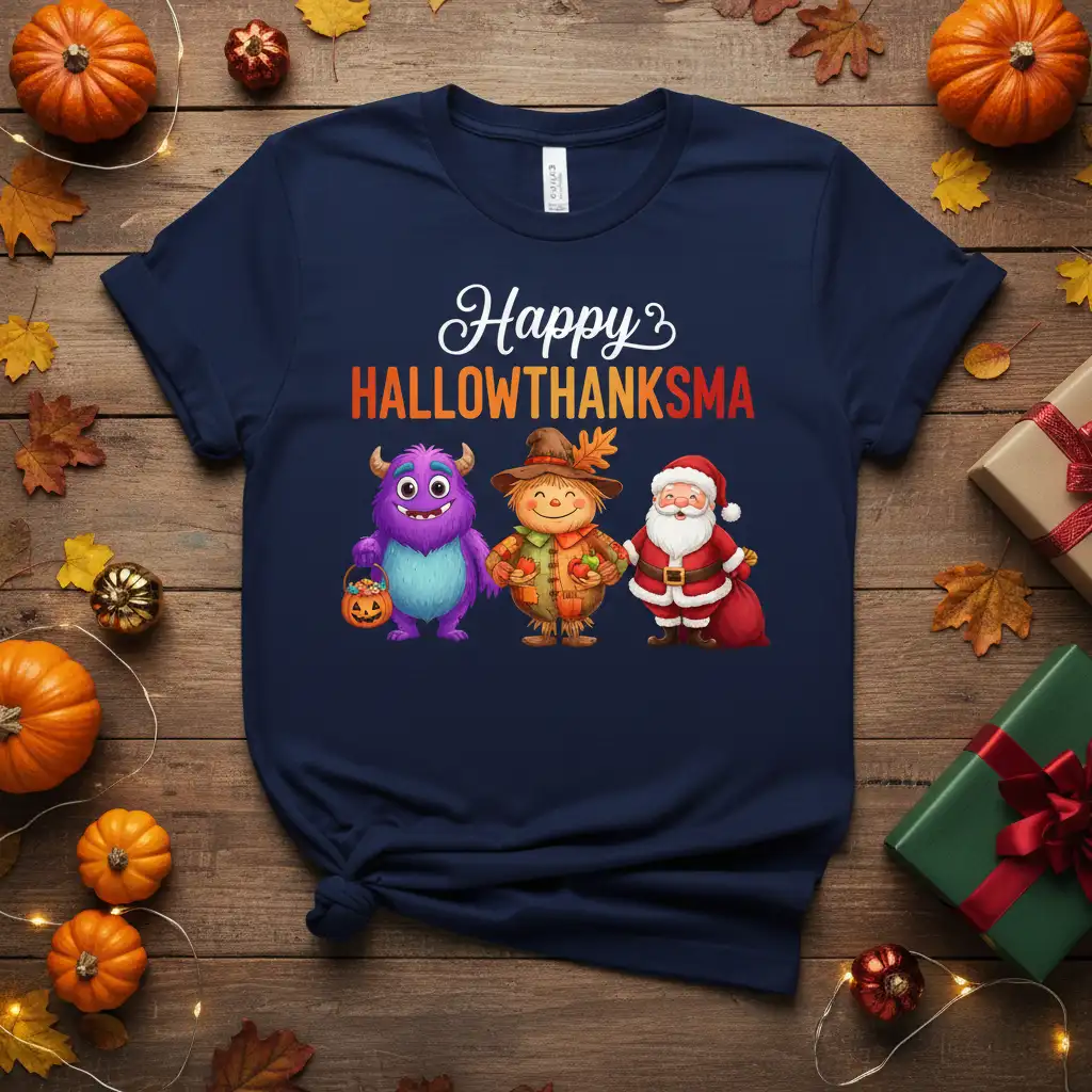 Happy Hallowthanksma text and graphic featuring a monster, scarecrow, and Santa on a navy blue tee