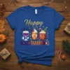 Happy Hallowthanksmas text with Halloween wine, pumpkin coffee, and gingerbread Christmas mug graphics on a blue t-shirt